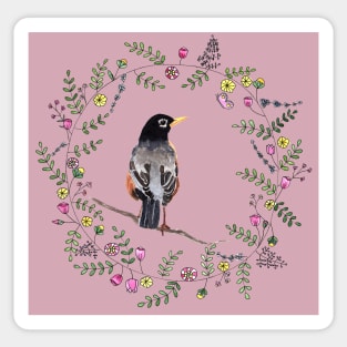 American Robin with Flower Wreath and violet background Sticker